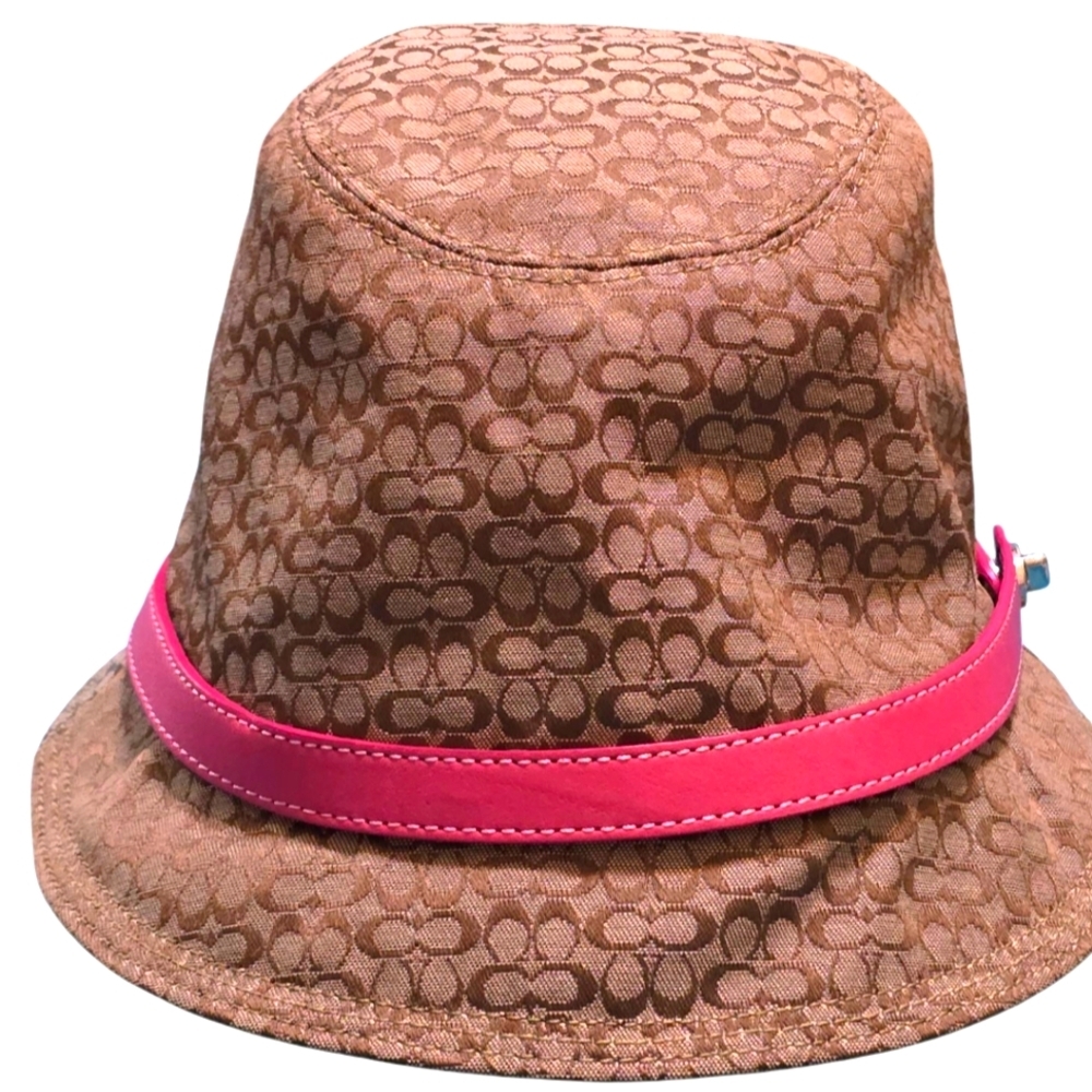 Coach Womans Signature C Bucket Hat in Khaki With Pink Leather Trim - Picture 1 of 14